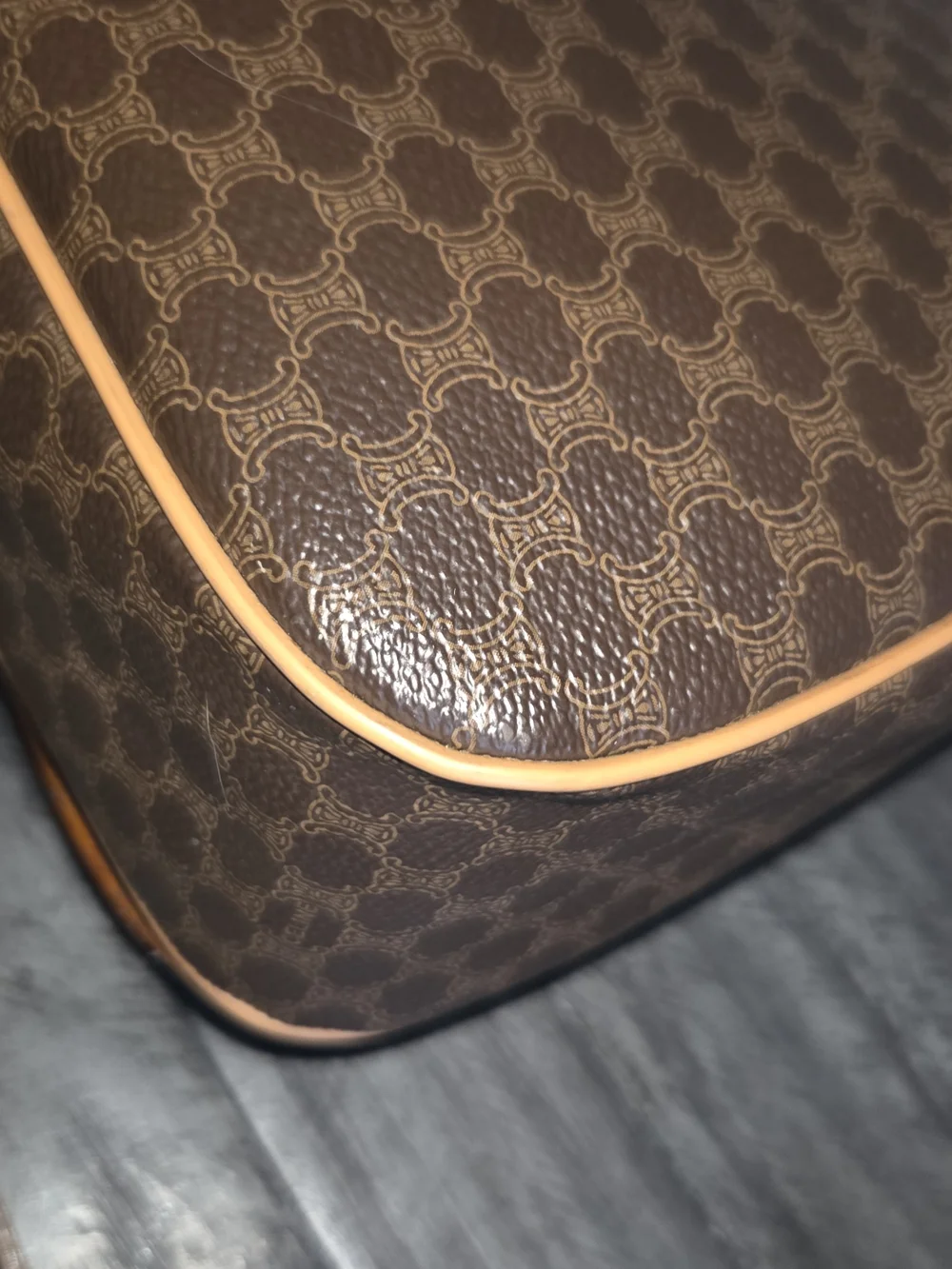 Celine Vintage Brown Patterned Crossbody Bag with Tan Strap And Matching Wallet.